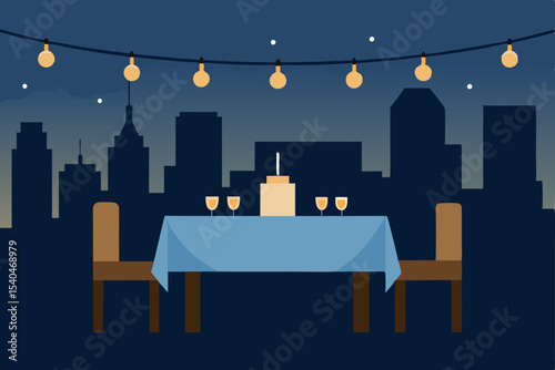 a high rise balcony dinner scene   festive lights 