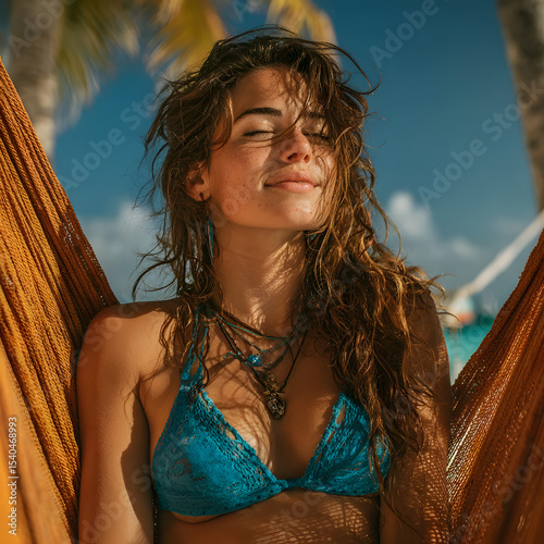 Woman with Freckles Relaxing in Hammock at Tropical Beach