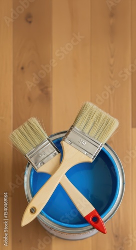 Two paintbrushes rest on an open can of paint on a wooden floor. Renovation concept for stylish interior design with empty space for banner, poster or blog post.	
