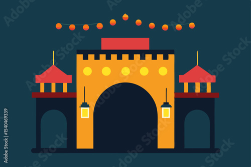 a historic city gate glowing in festive lights 