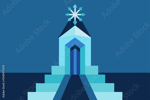 a magical ice elevator with stained glass snowflak