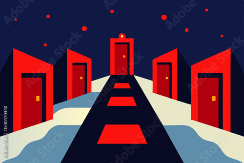 a maze of glowing red doors on a snowy rooftop   