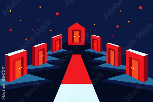 a maze of glowing red doors on a snowy rooftop   e.svg