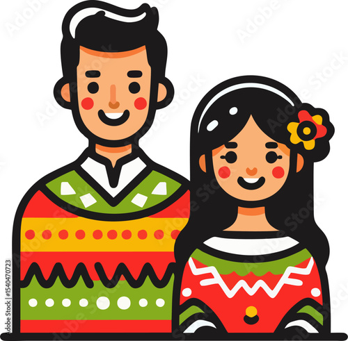 Cute Cartoon Mexican Couple in Traditional Colorful Outfit – Vector Illustration for Cultural Celebrations