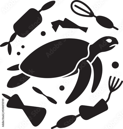 sea turtle trapped in floating plastic waste silhouette representing ocean pollution crisis and marine environmental threat