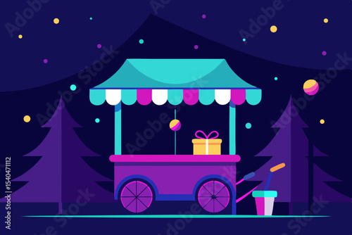 a neon lit ice cream cart in a snowy alley  decora 