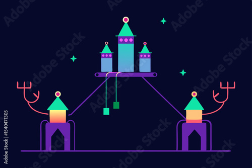 a neon lit sleigh repair dock suspended between to 