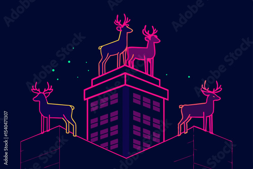 a neon lit reindeer stable perched on a high rise .svg