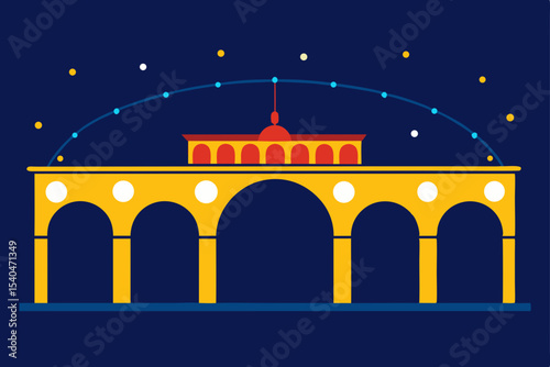 a neon lit tram passing under an arched bridge 