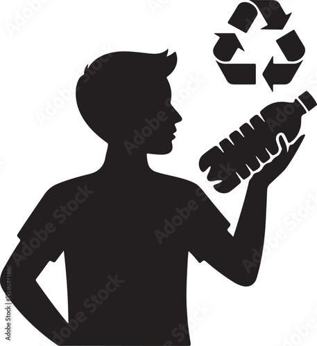 silhouette of boy holding plastic bottle under recycle symbol promoting youth awareness for plastic reuse and conservation
