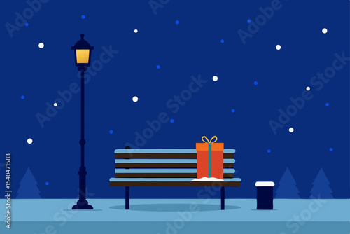 a park bench under a streetlamp surrounded by snow 