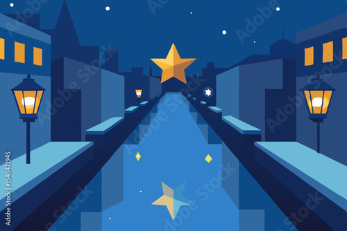 a quiet canal in a snowy urban district lit with 