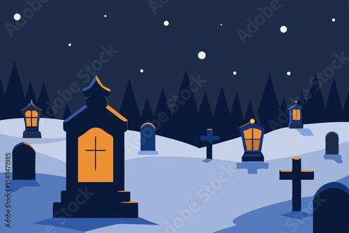 a quiet cemetery covered in snow  with each tombst (1).svg