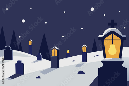 a quiet cemetery covered in snow  with each tombst