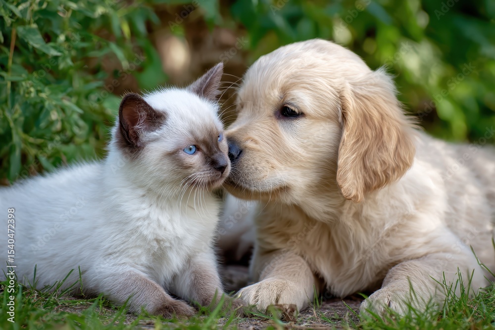 Affectionate Golden Retriever Puppy and Siamese Kitten Bonding in Garden Setting Affectionate Golden Retriever Puppy and Siamese Kitten Bonding in Garden Setting