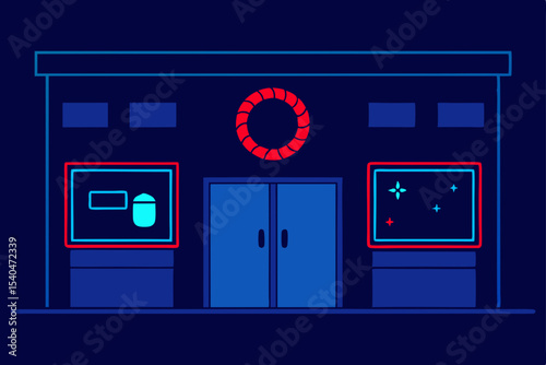 a quiet laundromat glowing blue and red under neon 