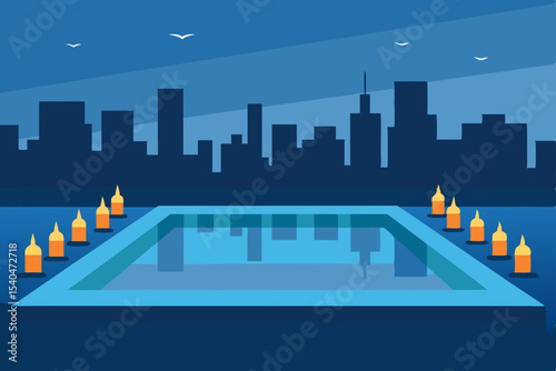 a reflective rooftop infinity pool with candles 