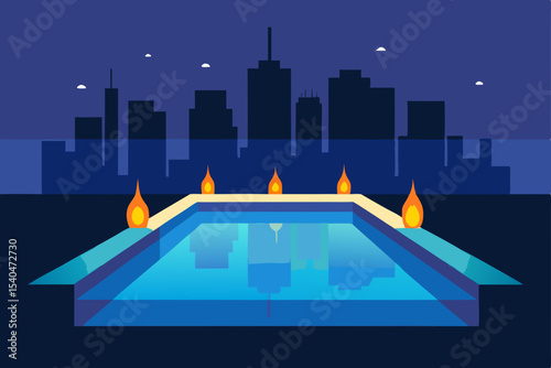 a reflective rooftop infinity pool with candles 