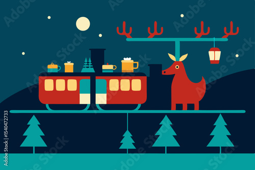 a reindeer tram gliding over rooftops on glowing 