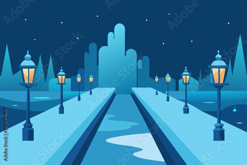 a riverwalk lined with ice sculptures and glowing .svg