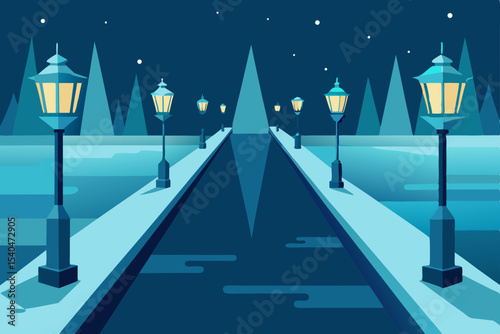 a riverwalk lined with ice sculptures and glowing