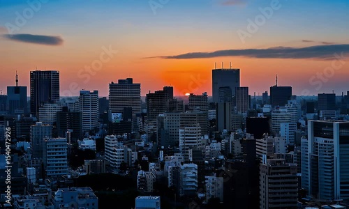 Spectacular Orange Sunset over Urban Skyline Cityscape with Silhouetted Buildings and Soft Warm Light Architecture
