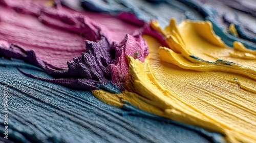 Close-up of vibrant paint textures blending on canvas, showcasing artistic creativity and color
