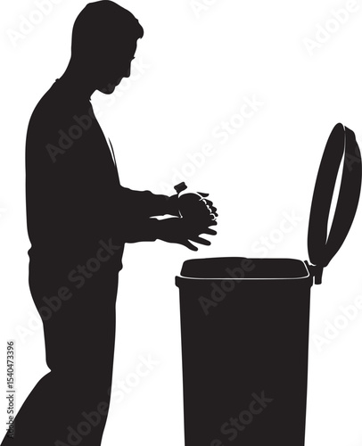 silhouette of responsible man throwing plastic bottle in bin representing waste management cleanup and recycling awareness