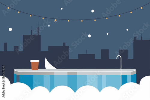 a rooftop hot springs spa under string lights 
