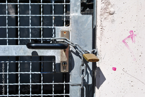 Close Up of Handle and Padlock with Chain on Closed Wire and Metal Gate 
