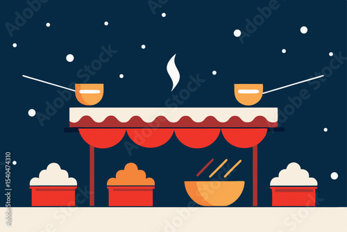a rooftop ramen bar under snowfall  bowls glowing  