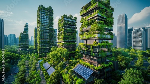 A stunning ultra-detailed photo of an eco-friendly cityscape featuring smart buildings adorned with lush vegetation and sustainable technology.