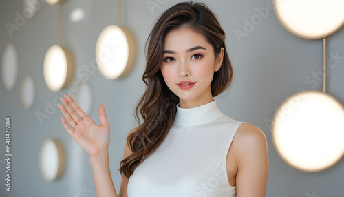 Beautiful woman in a studio with her hand out