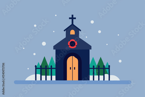 a small downtown chapel glowing from inside  surro