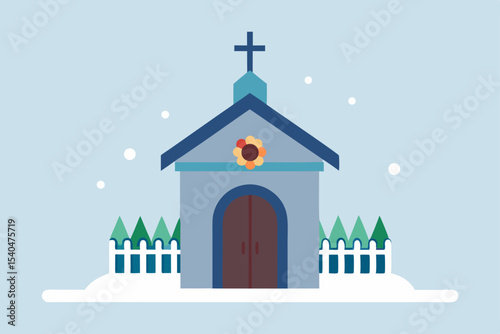 a small downtown chapel glowing from inside  surro