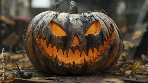 Spooky Halloween pumpkin with menacing expression, glowing in dark