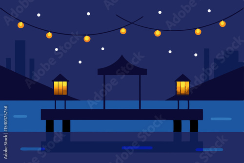 a small pier off a city river  with string lights .svg