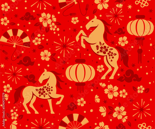 Seamless pattern happy chinese new year 2026 the horse zodiac sign with asian elements paper cut style on color background.
