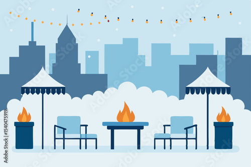 a snow dusted terrace cafe with fire pits and garl