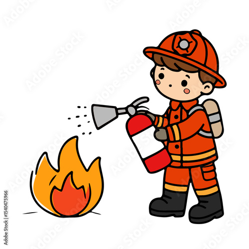 Adorable Cartoon Firefighter Kid Vector Using Fire Extinguisher to Put Out Flames in a Safety Scene