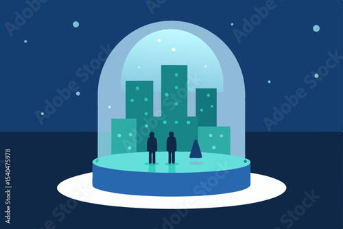 a snow globe pop up stand glowing in the middle 