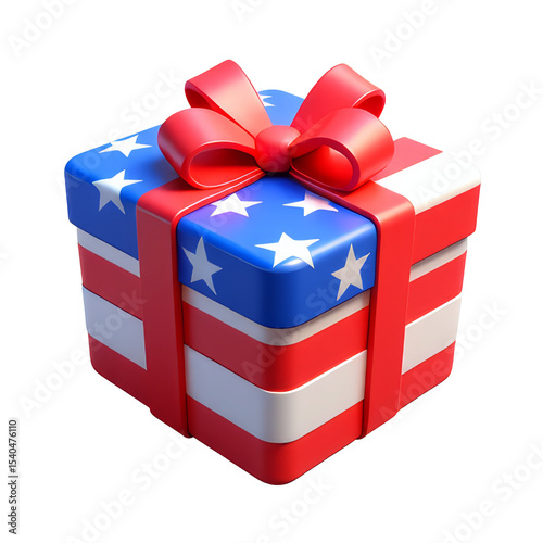 Gift Box With American Flag, 3D Icon – Glossy Minimal Emoji Style, Isolated PNG object