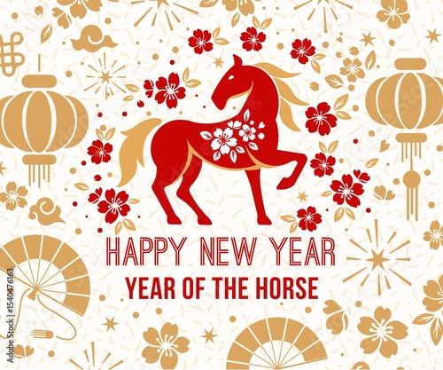 Chinese New Year 2026 Year of the Horse. Design template for festive illustrations, greeting cards and banners.