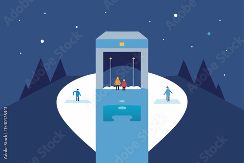 a snowy elevator ride that opens onto a rooftop 