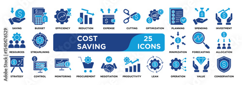 Cost Saving icon collection set. Containing saving,budget,efficiency,reduction,expense,cutting,optimization,planning,spending,investment icon. dual tone vector.