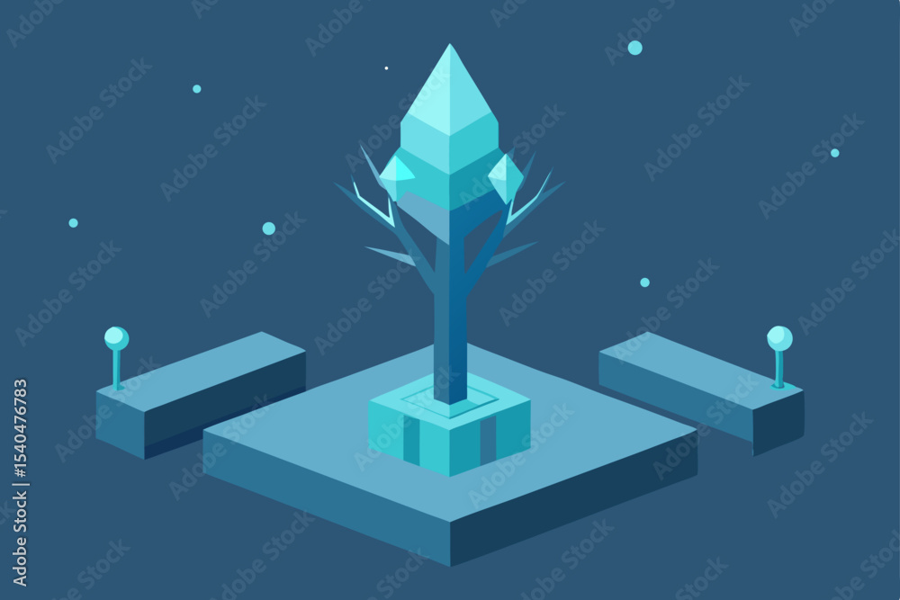 a snowy plaza with a glowing glass tree sculpture .svg