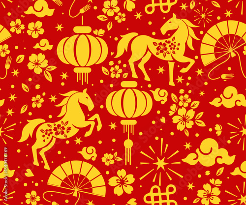 Seamless pattern happy chinese new year 2026 the horse zodiac sign with asian elements paper cut style on color background.