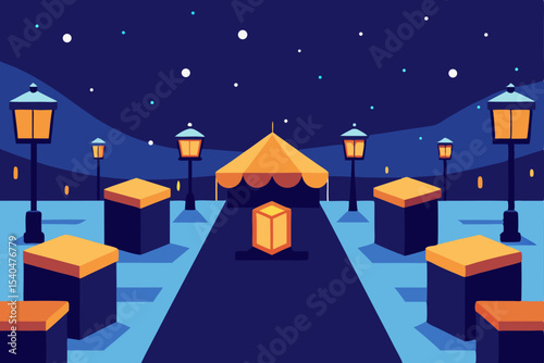 a snowy plaza with glowing cube lanterns forming 