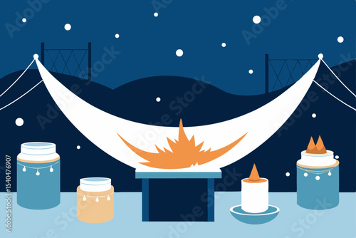 a snowy rooftop deck with hammocks  fur throws  