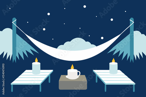 a snowy rooftop deck with hammocks  fur throws  